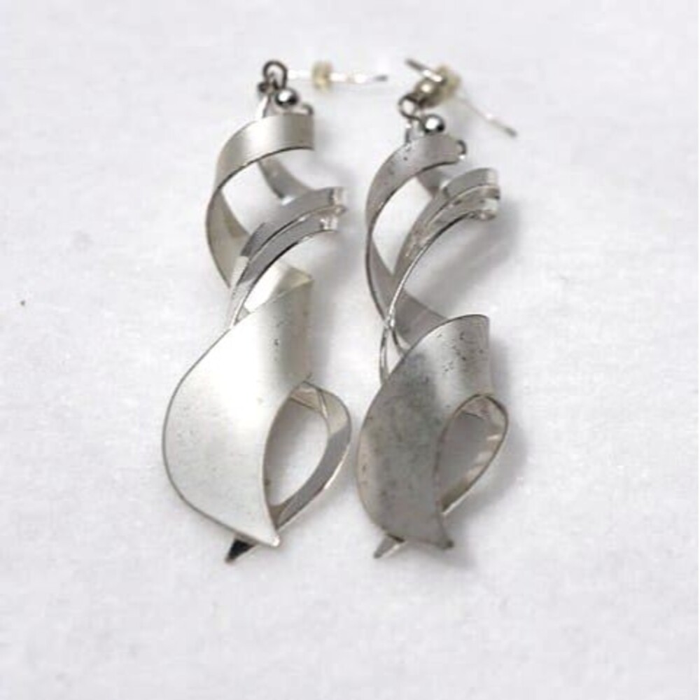 Vintage Spiral Double Layer 2 Tone Silver 3 Inches Long Post Earrings